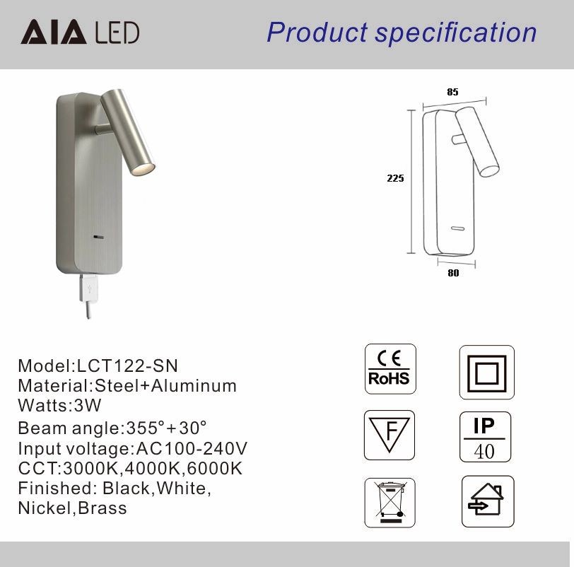 Adjustable cylinder bed reading wall lamp bedside light USB flexible headboard spot light for hotel villa project