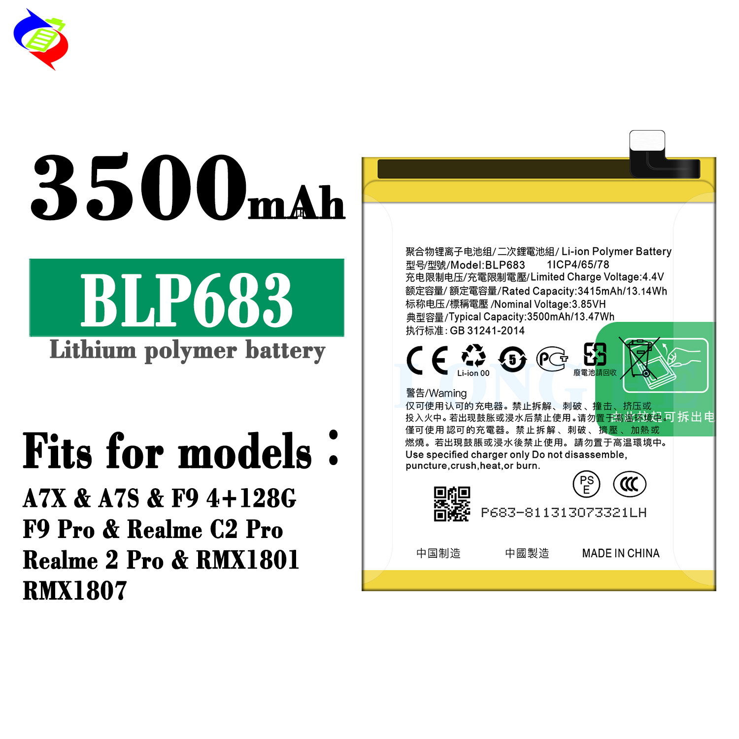 3500mAh BLP683 A7X/A7S F9pro F9 C2 Pro Realme2 Pro RMX1801 RMX1807 Rechargeable Battery