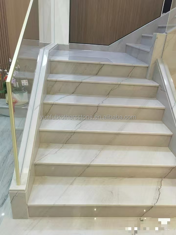 Modern Kitchen Floor and Stair White with Green/Grey Veins Calacatta Marble Book Match Table Countertop