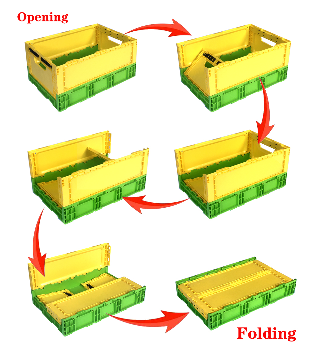 Yellow Rectangular Plastic Square Crate Folding Plastic Storage Bins External 508x338x245mm