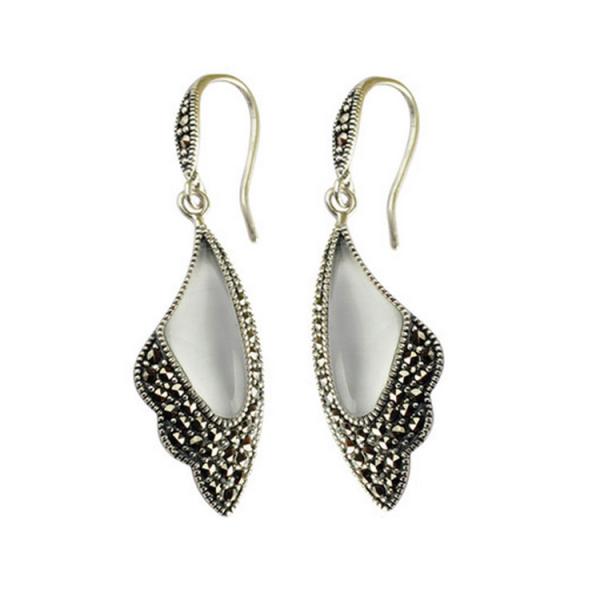 Sterling Silver White Agate Drop Earrings Wing Style Women Jewelry ( E019362WHIT