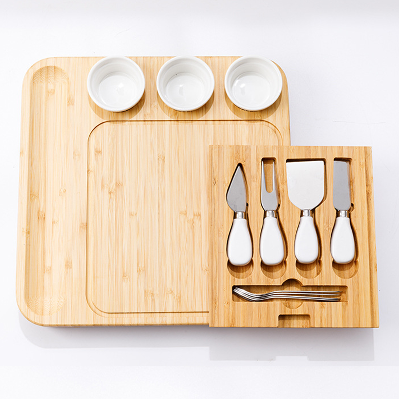Bamboo Cheese Board and Knife Set Eco-friendly Charcuterie Board with 3 Ceramic Bowls