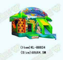 Green Slide Inflatable Castles Decorated With Patterns Of Monkeys And Birds