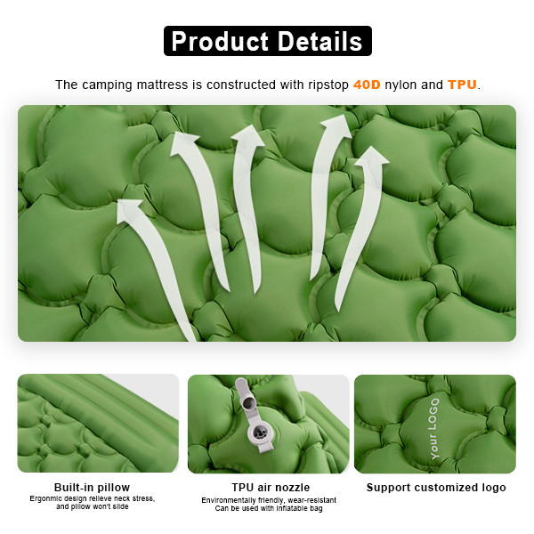 2.36" Thick Inflatable Camping Mat Green Outdoor Sleeping Mattress With Attached Pillow