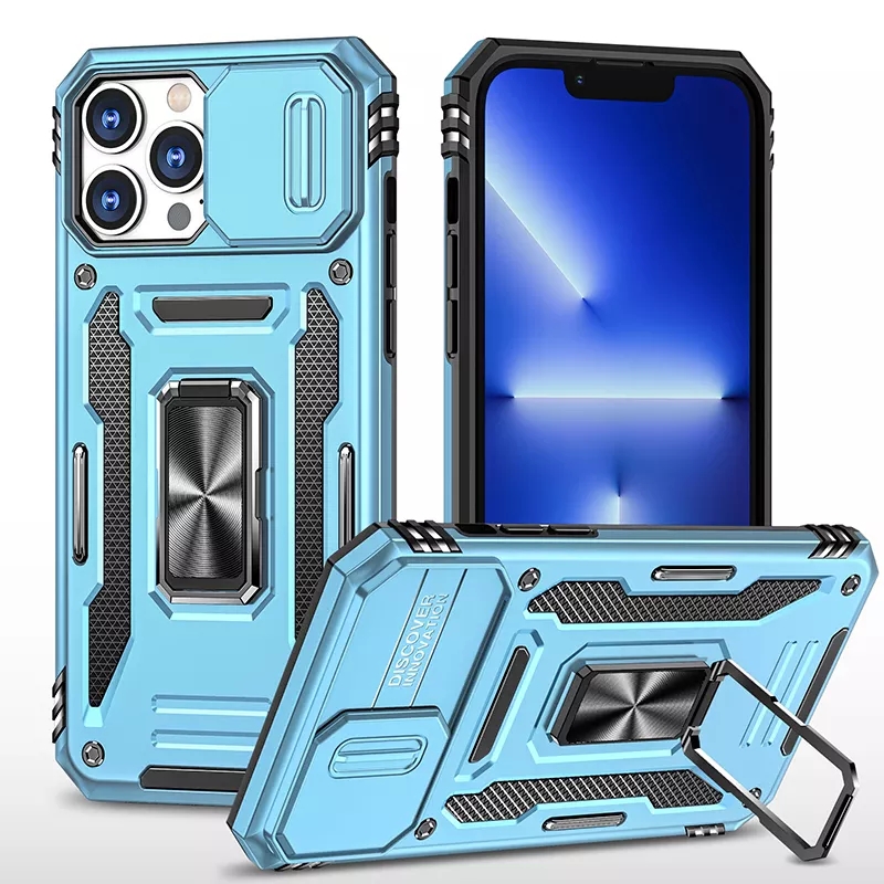 Kickstand Slide Camera Antishock Phone Back Cover For Iphone 13 14 Pro Max Phone Case With Ring Holder Lens Cover