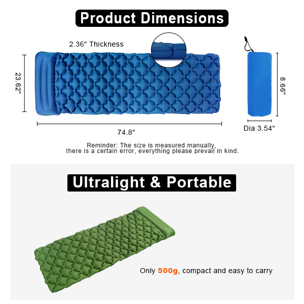 2.36" Thick Inflatable Camping Mat Green Outdoor Sleeping Mattress With Attached Pillow
