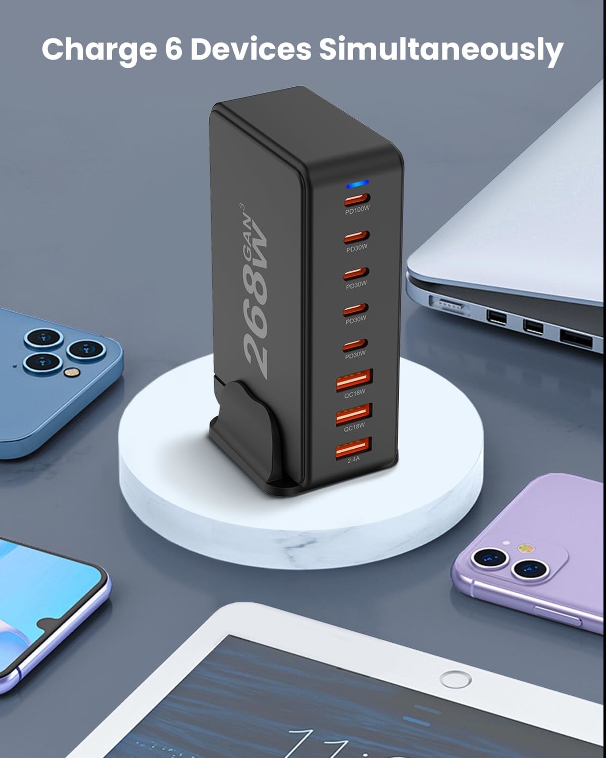 268W GaN USB Type C Fast Charger Multi Ports PD QC4.0 For Desktop Mobile Phone