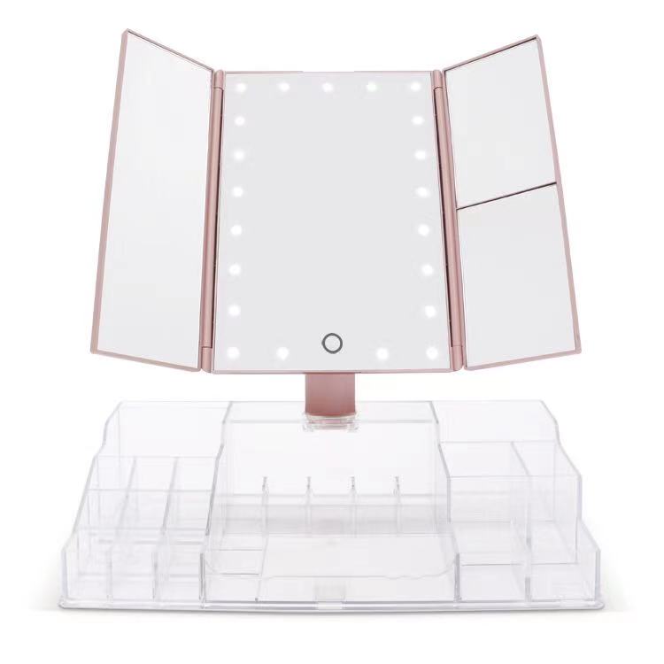 Touchscreen LED Trifold Vanity Mirror 10x Lighted Folding Travel Mirror