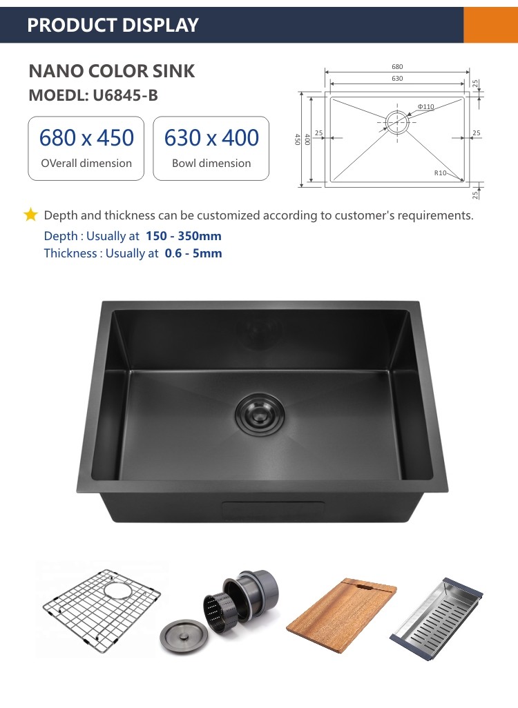 68x45 Coloured Stainless Steel Sink , 26 3/4" Black Brushed Undermount Kitchen Sink