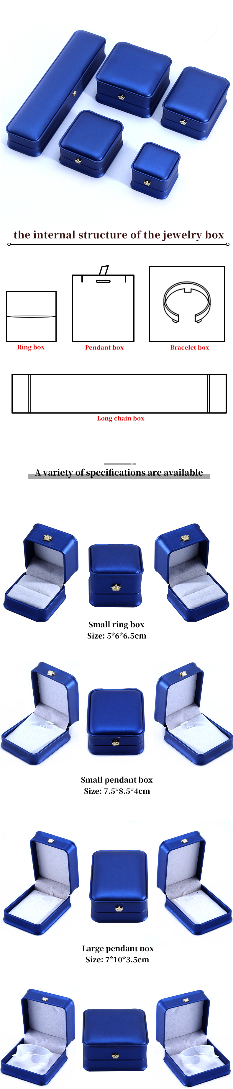 Custom Logo PU Leather Crown Design Jewelry Box Set for Blue Bracelet Necklace Ring