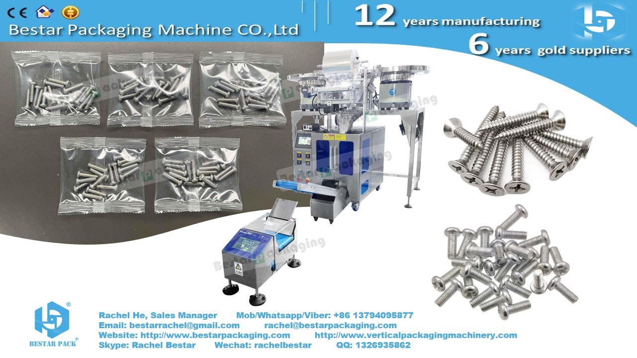 Automatic packaging machine for furniture hardware with three vibration bowls and manual feeding station