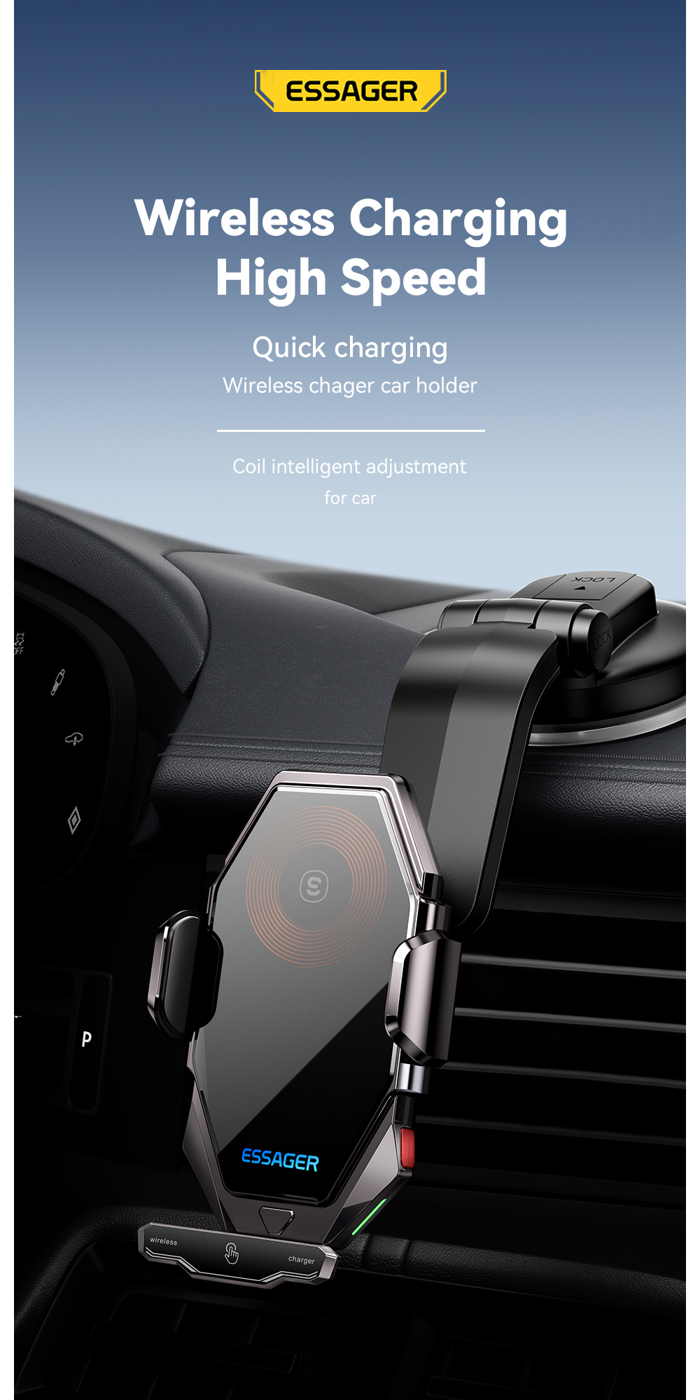Essager 2023 Pilot 15W Wireless Car Phone Holder High Power 360 Free Rotation Fast Wireless Charging Car