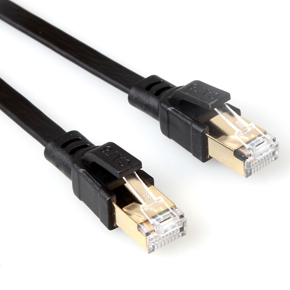 Black Shielded Cat8 Flat Ethernet Cable With Gold Plated RJ45 Connector