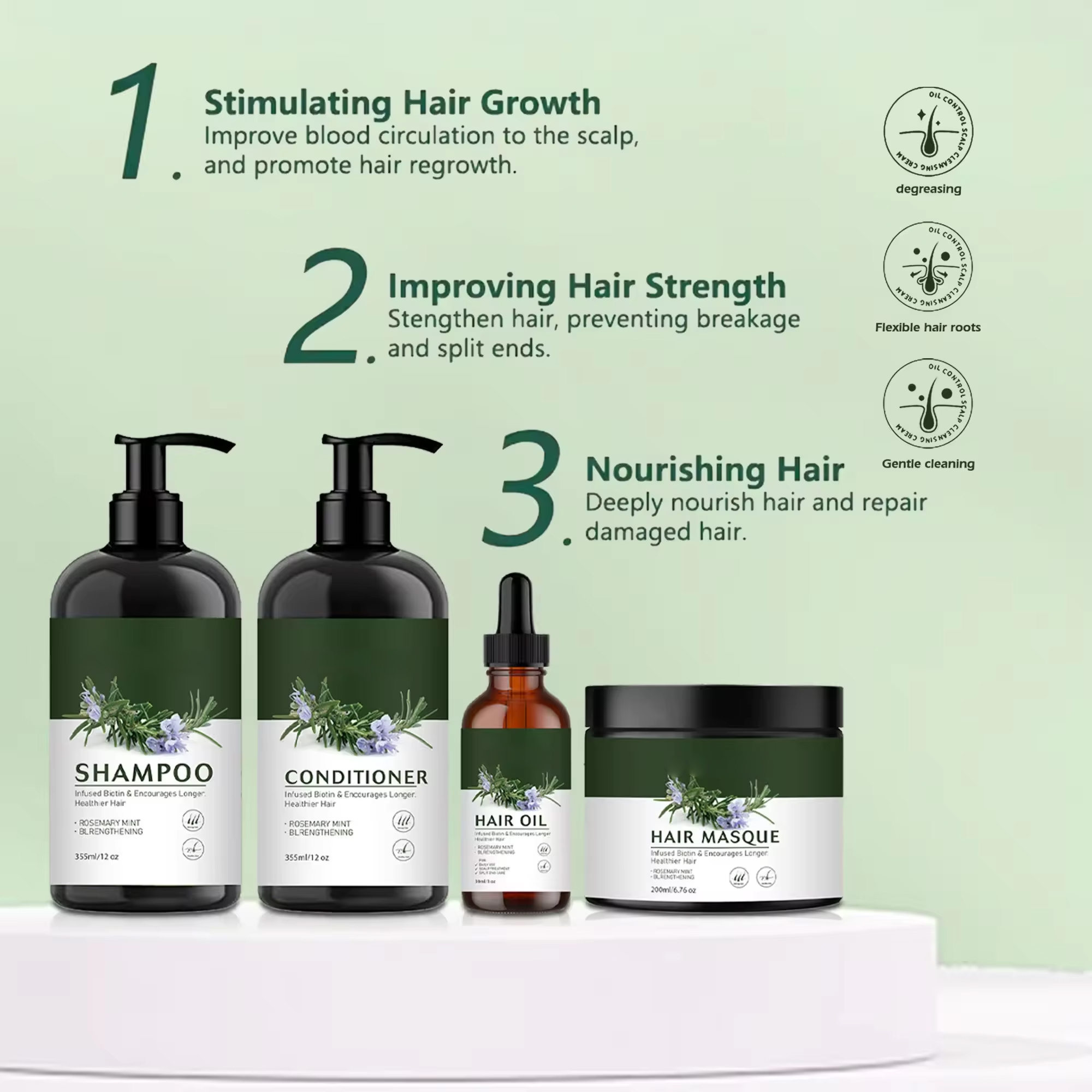 Vegan Hair Care Rosemary Mint Strengthening Oil Control Hair Growth Shampoo Conditioner Hair Oil Masque Mask Set