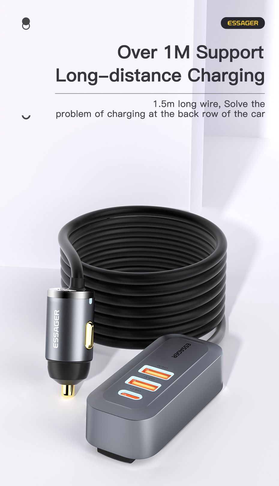 Essager 2022 Doution Car Charger 1.5m Extension Cable 2C2A 100W Car Charger For Huawei Xiaomi Mobile Phone