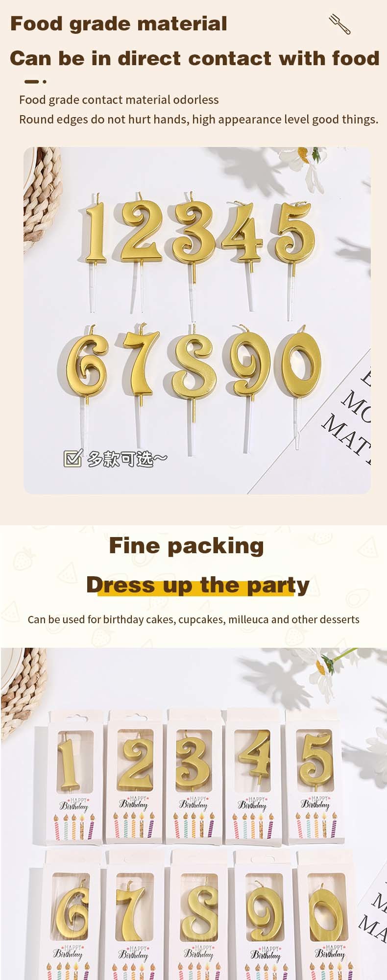 Creative Gold Silver Diamond Surface Digital Candles Birthday Party Cake Decoration