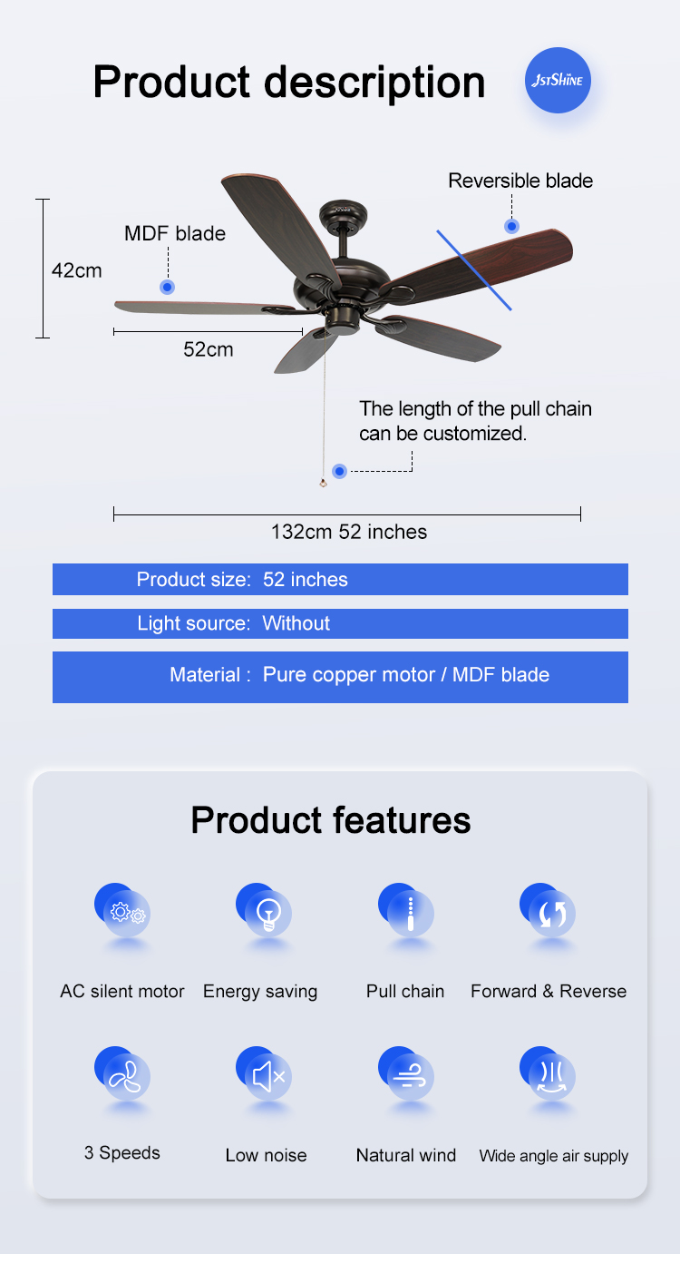 Classic Coffee Color 5 MDF Blades ODM Ceiling Fan with Pull Chain 3 Speed Choice