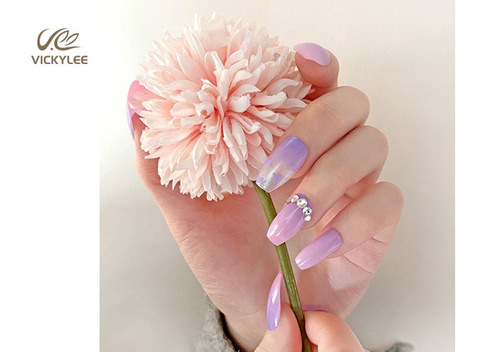 Press On Artificial Coffin Purple DIY Fake Nails With Crystal Stone