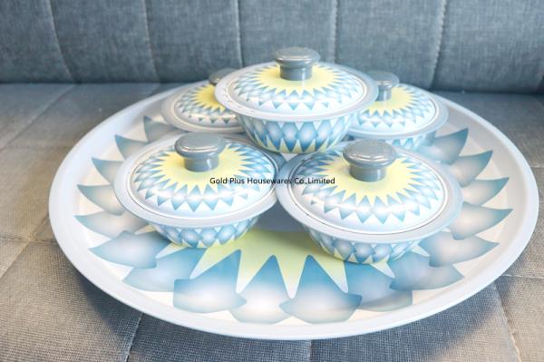 45cm Set of five spun stainless steel bowl and tray blue color kitchen serving