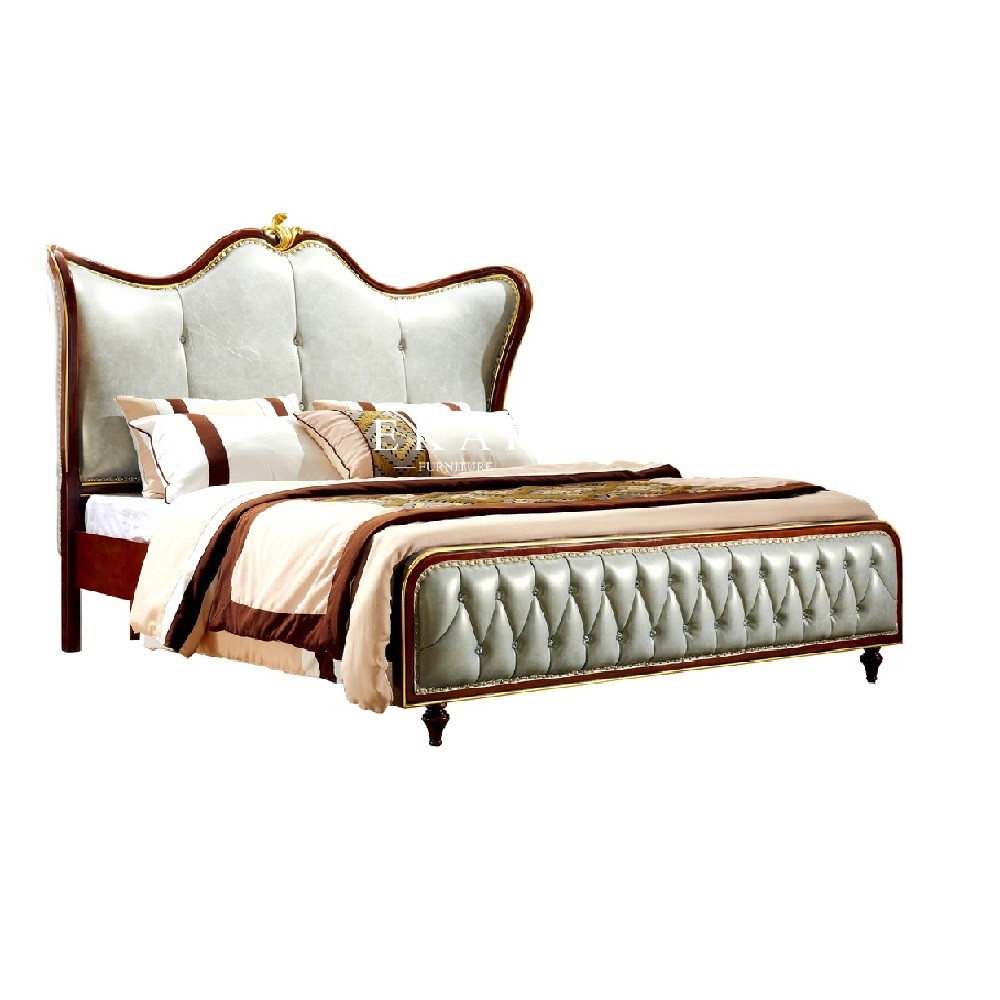 Classic Luxury Wooden Frame Upholstered Leather Antique King Size Bed
