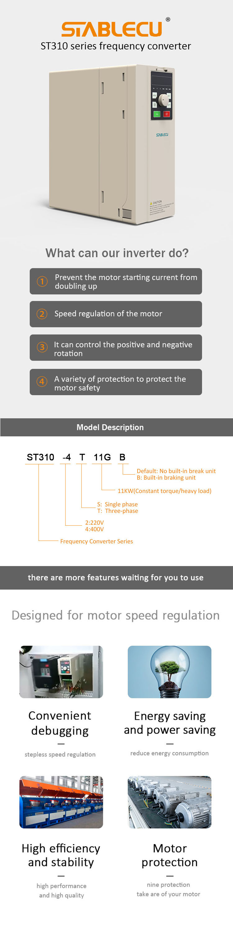 ABS PC 5.5KW Frequency Converter 3 Phase Output VFD With V/F Control