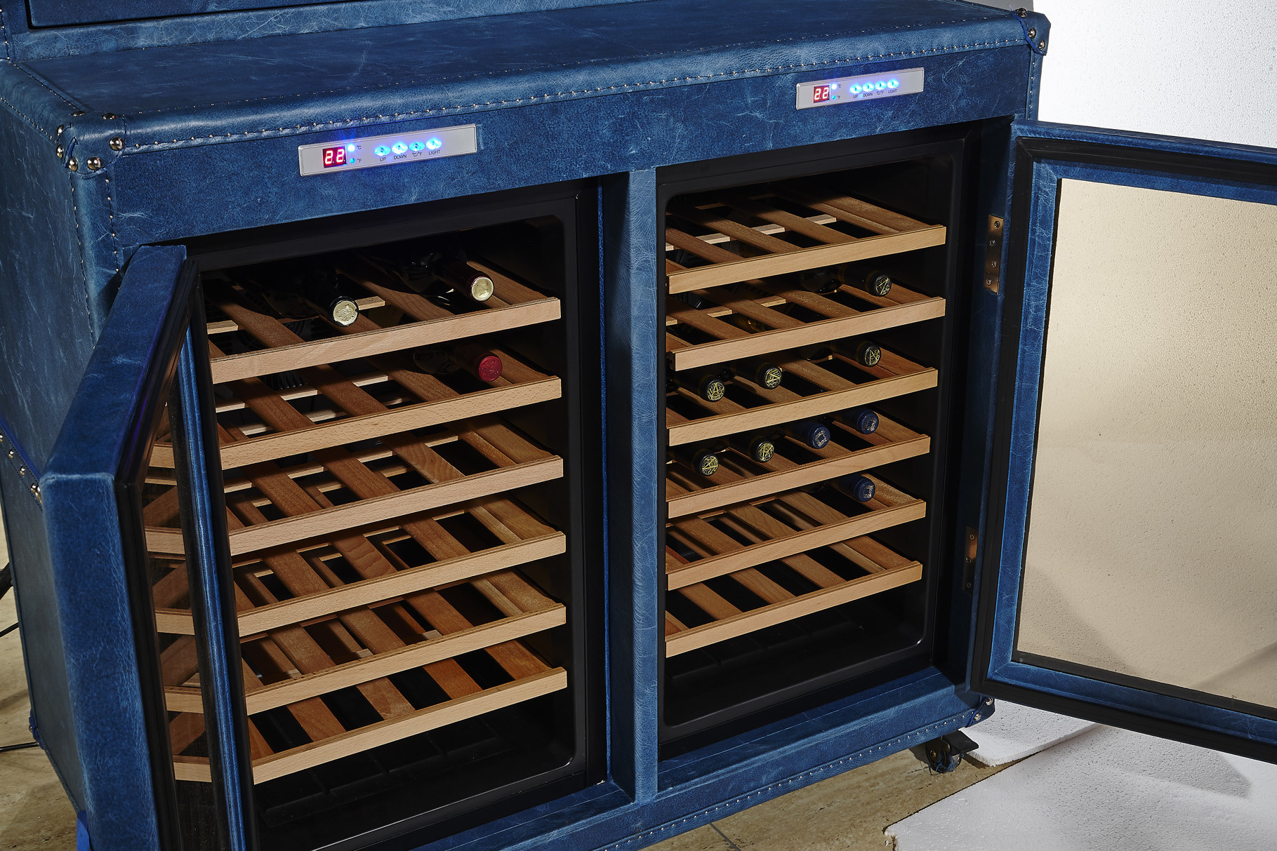Top Grain Leather Wine Fridge Cabinet , Blue Bar Cabinet With Wine Storage