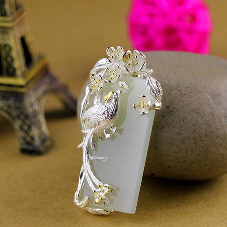 925 Sterling Silver Sculptured Flower Bird Natural Jade Pendant Necklace (DZ011049)
