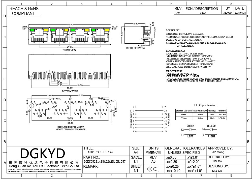 180 Degree 1X4 RJ45 Ethernet Connector With LED