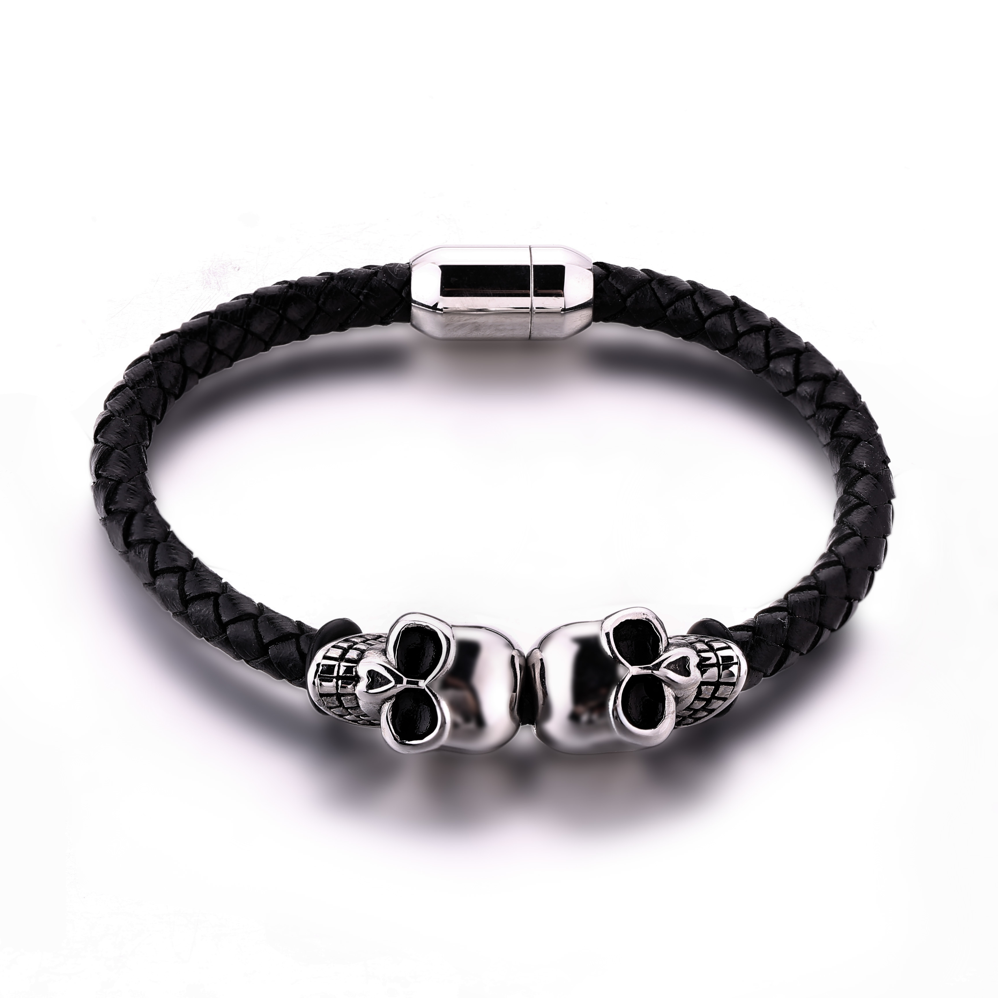 Fashion jewelry custom engraved leather bracelet stainless steel magnetic clasps leather men skull bracelet