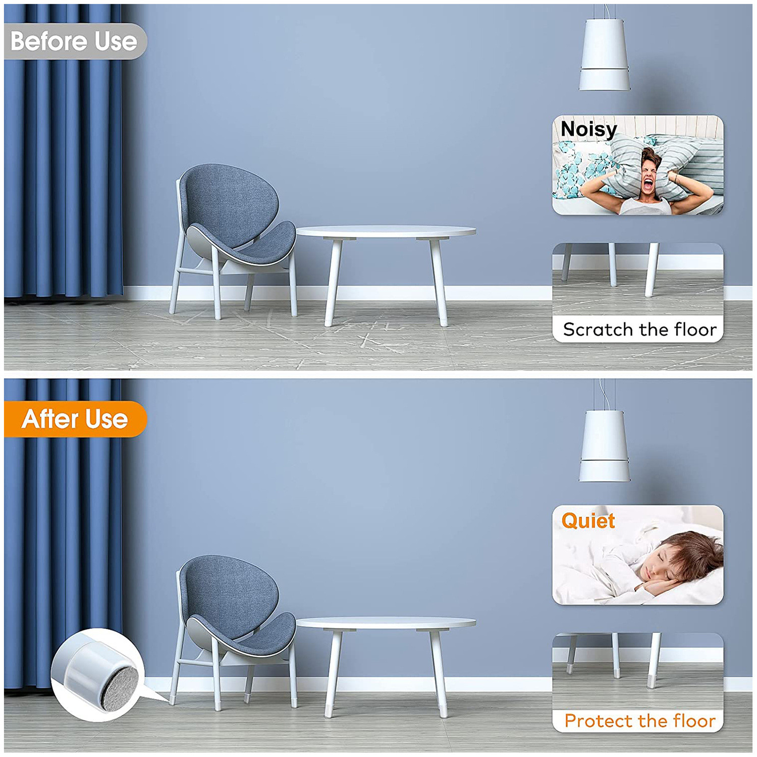 Silicone Chair Leg Floor Protectors Silicone Felt Furniture Leg Pads Caps Covers For Hardwood Floors Fit : 1.3'' - 2''