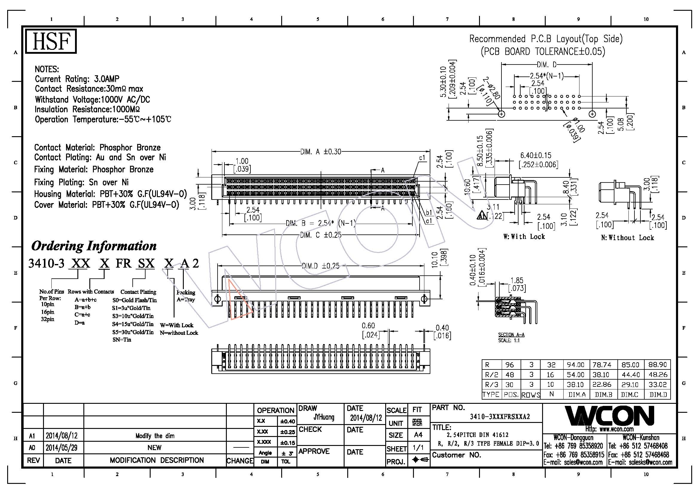 WCON 90°DIP PBT Female Din 41612 Connector 30mΩ Max Board end connector for PCB