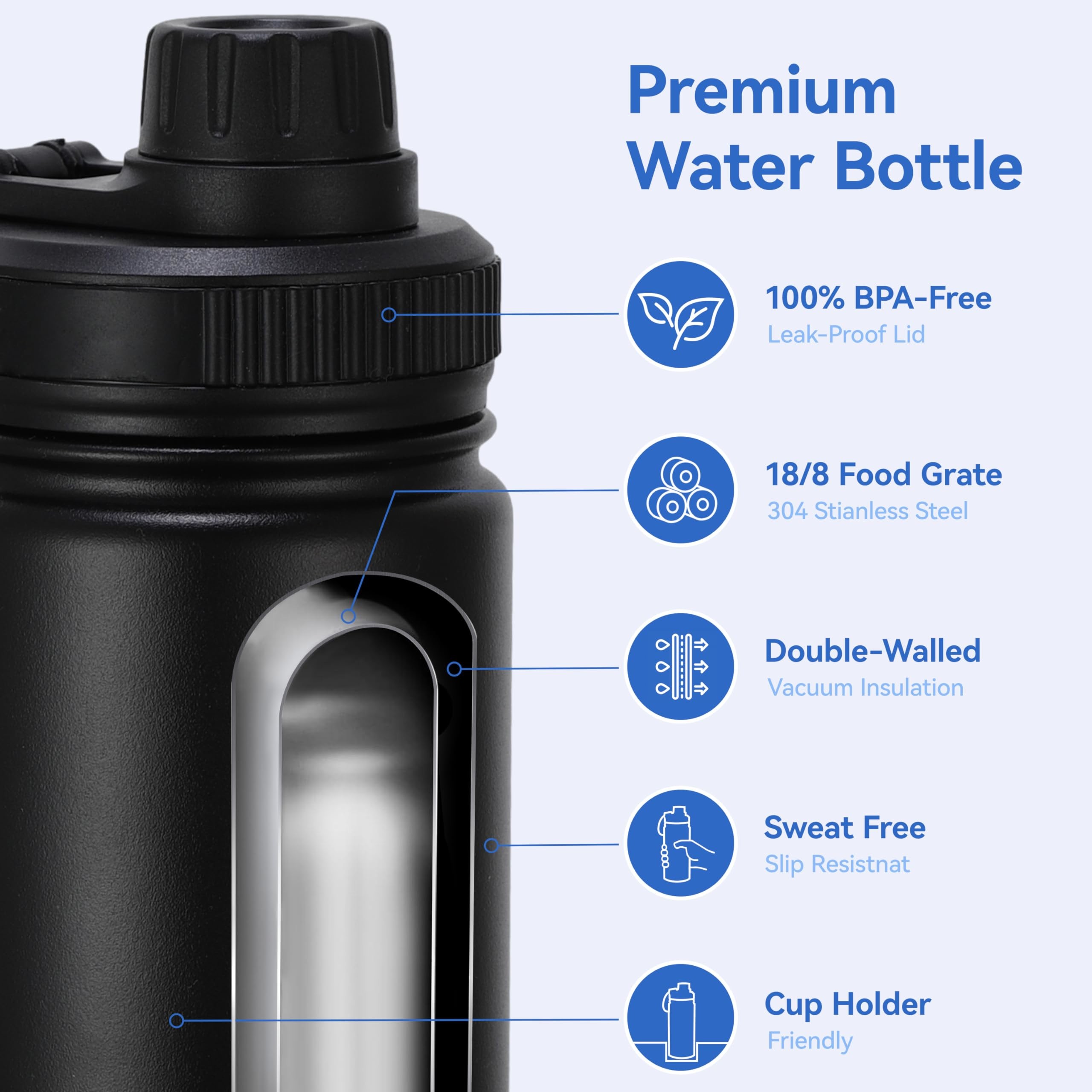 32 OZ Insulated Water Bottle Violet Large Metal Insulated Stainless Steel Water Flask Big Sports Travel Water Bottle With 2 Lids Insulated Thermal Mug