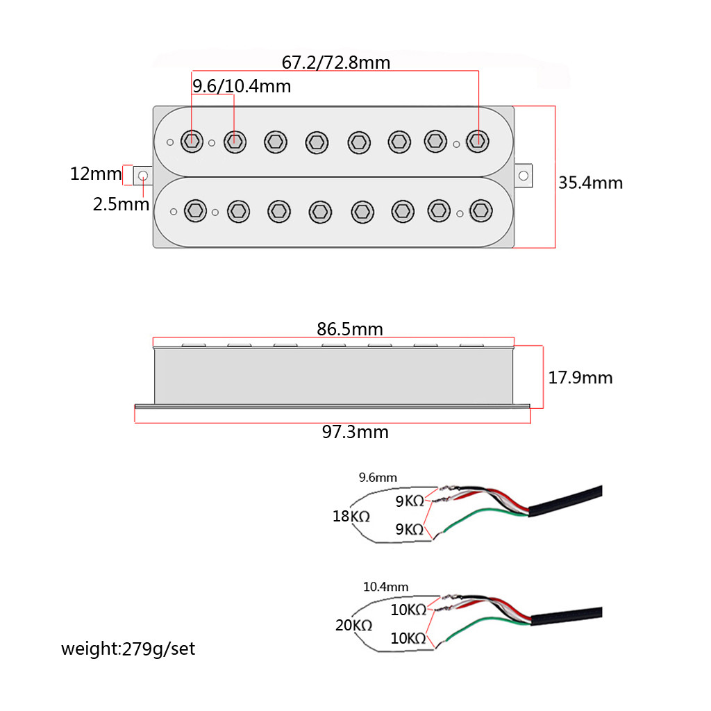 Alnico V 8 Strings Humbucker Pickups Adjustable Hexagon Nut Double Coil Pickup Set Vintage