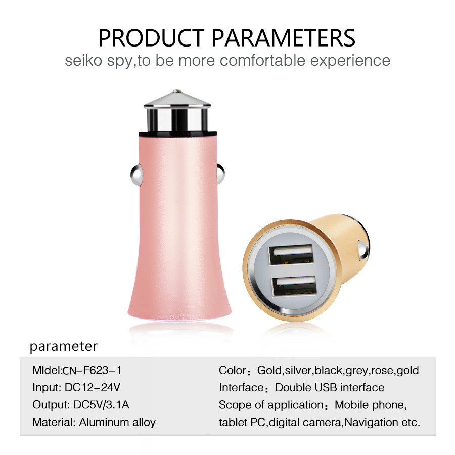 3.1A New Aluminium Alloy Dual USB Car Charger for iPhone iPad iPod Camera Car Charger