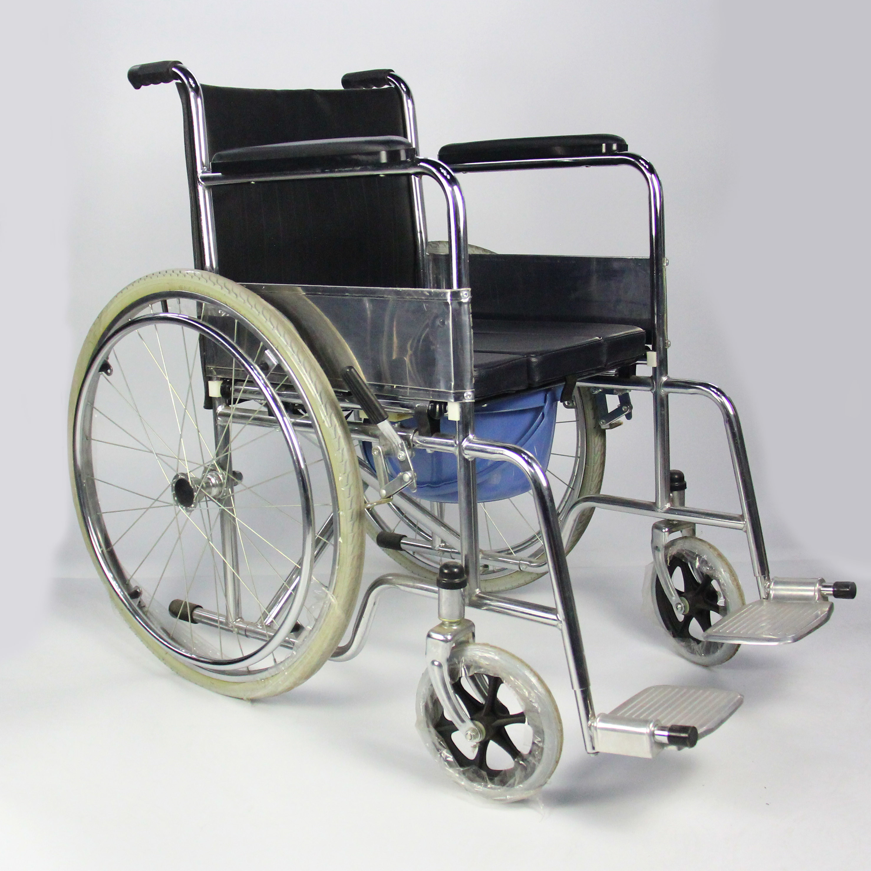 Commode Folding Steel Wheelchair With Solid Castor And Rear Wheel