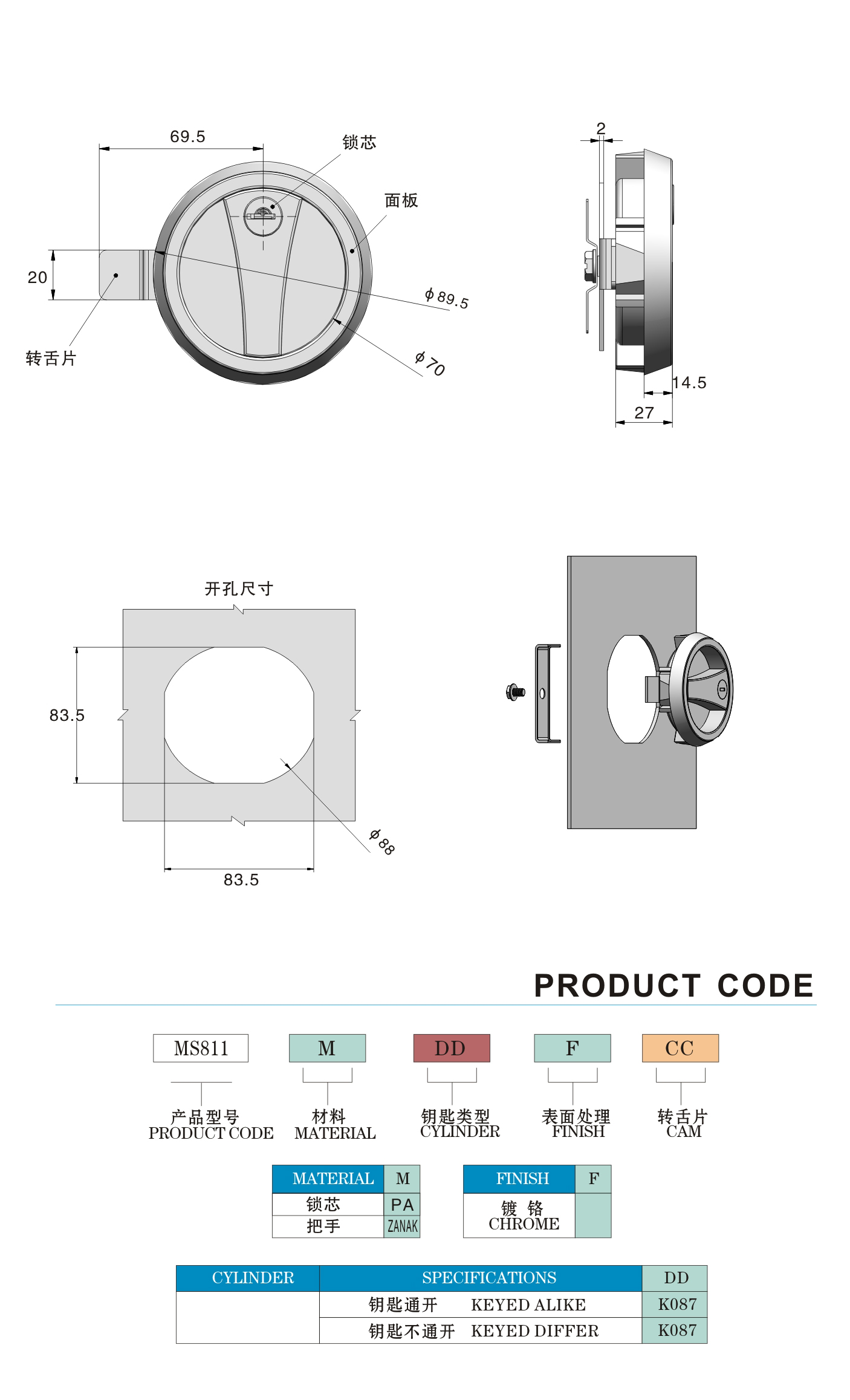 Panel Paddle Cabinet Door Lock Plastic 304 Stainless Steel Lacth