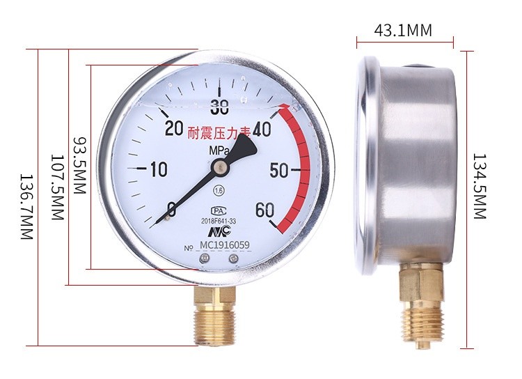 YN-100 Seismic Pressure Gauge Stainless Steel Negative Pressure Gauge