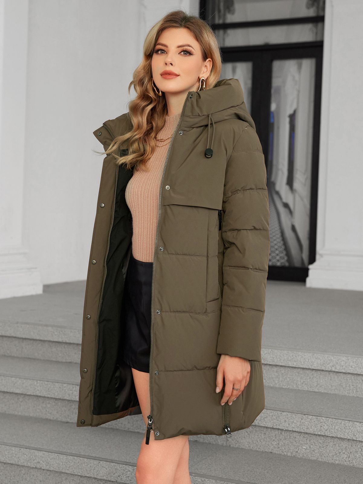 Classic Four Pocket Mid-Length Thickened Down Jacket, machine washable, woman winter coat, down jacket, bio down jacket, dark colour