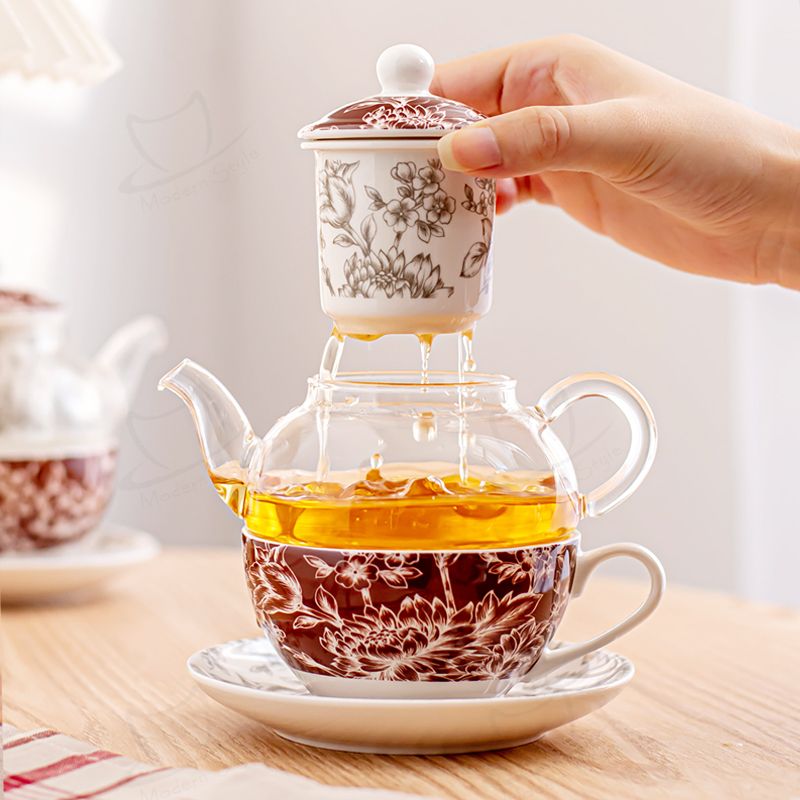 High Borosilicate Glass Teapot Cup And Saucer Set Flower Design Style Sustainable for gift