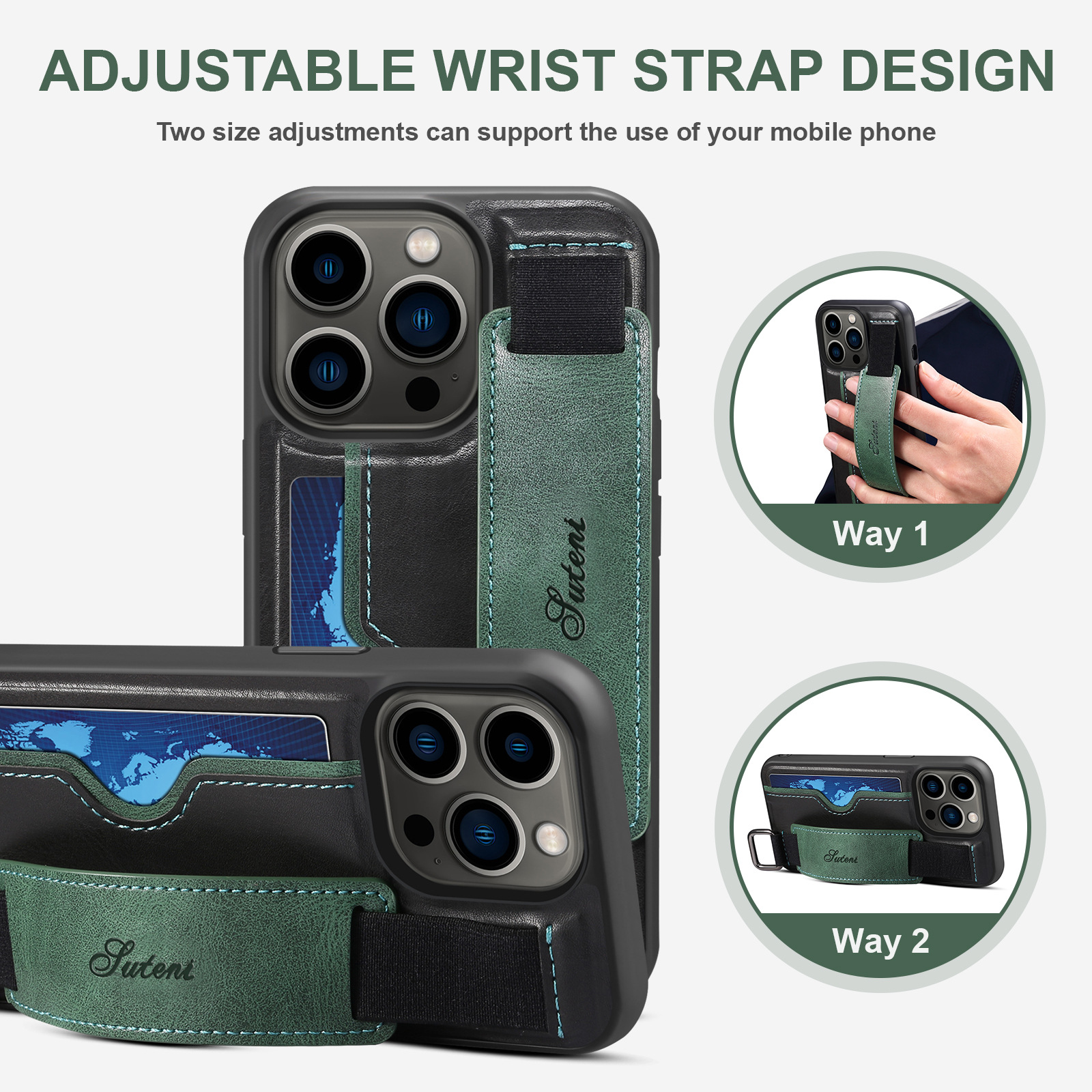 14 Pro Max Mobile Phone Case with Wrist Strap Stand and Card Slot in Green PU Leather