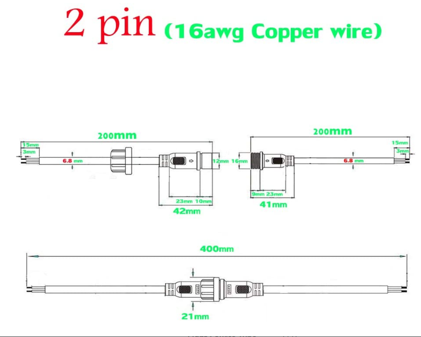 2Pin Waterproof LED Connector IP65 20cm 16AWG Wire Male / Female