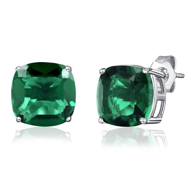 Sterling Silver Emerald Cushion Stud Earrings: May Birthstone for Women