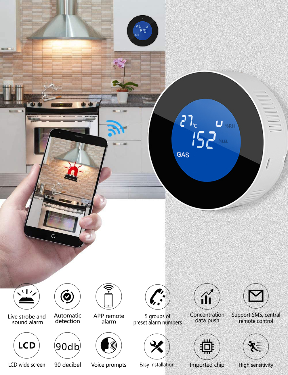 Glomarket Tuya Wifi Alarm System Lcd Digital Alarm Remote Control Leak Detector Gas Sensor Gas Leak Detector