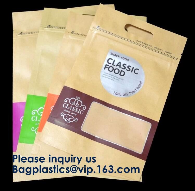 Natural Kraft Paper Flat Bottom Standup Pouch / Food Packaging Bags With Window,Foil Lined Standup Kraft Paper Envelopes