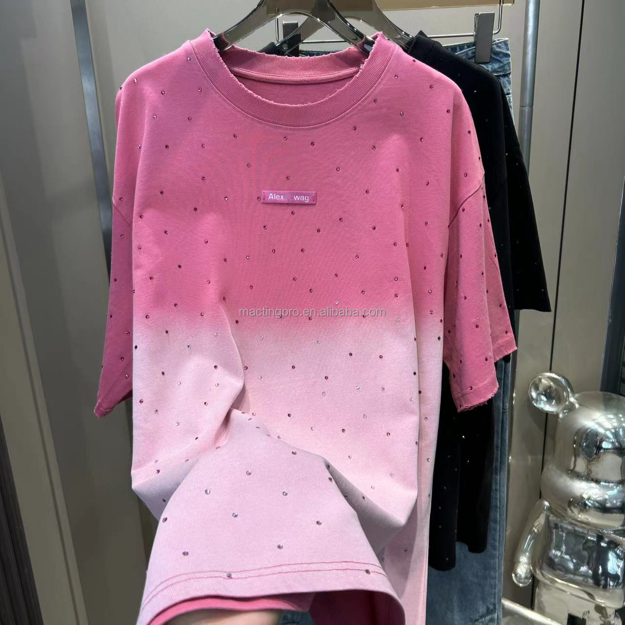 250Gsm Mens Rhinestone T Shirts Unisex Cotton T Shirt With Vintage Wash Oversized Fit In Pink Acid Wash