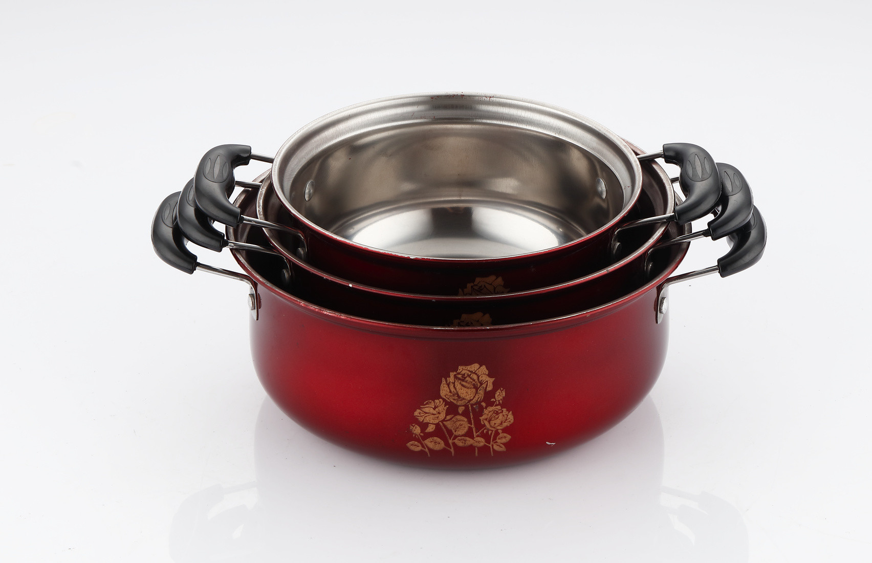 hot selling 6pcs cookware set with red color &16/18/20cm cooking pot &16cm/18cm/20cm cookware set in stainless steel
