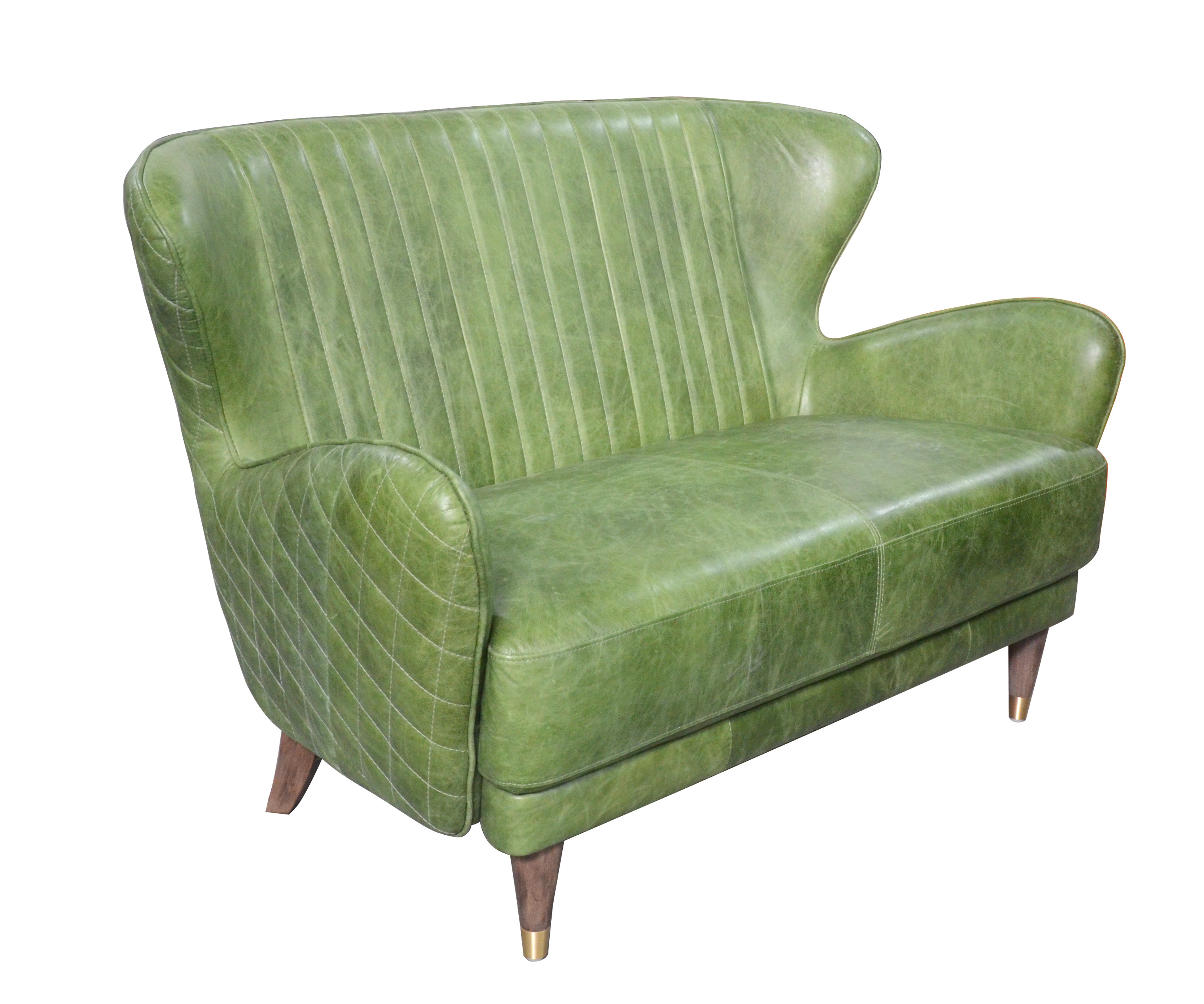 Diamond Stitched Vintage Green Leather Wingback Sofa With Wooden Leg