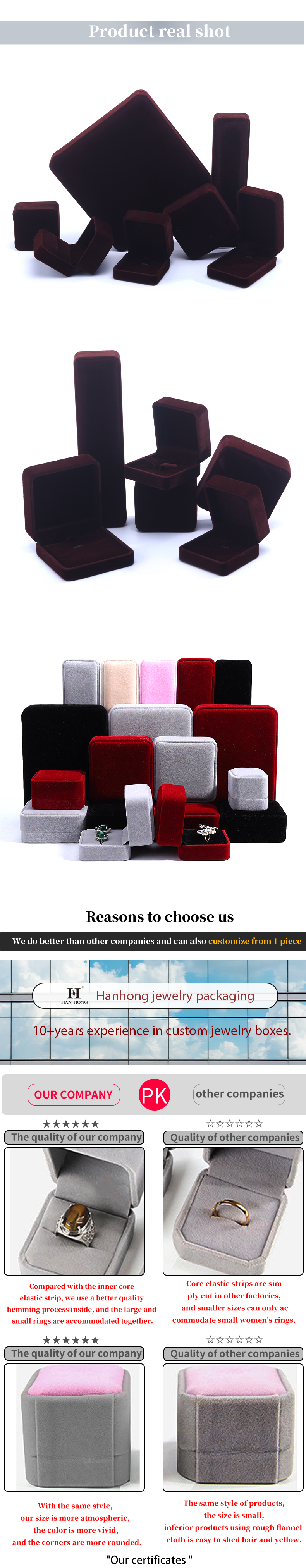 China Manufacturing wholesale high end Handmade Necklace Ring Box Jewellery Packaging Custom logo Luxury Square Suede Velvet Brown Jewelry Box