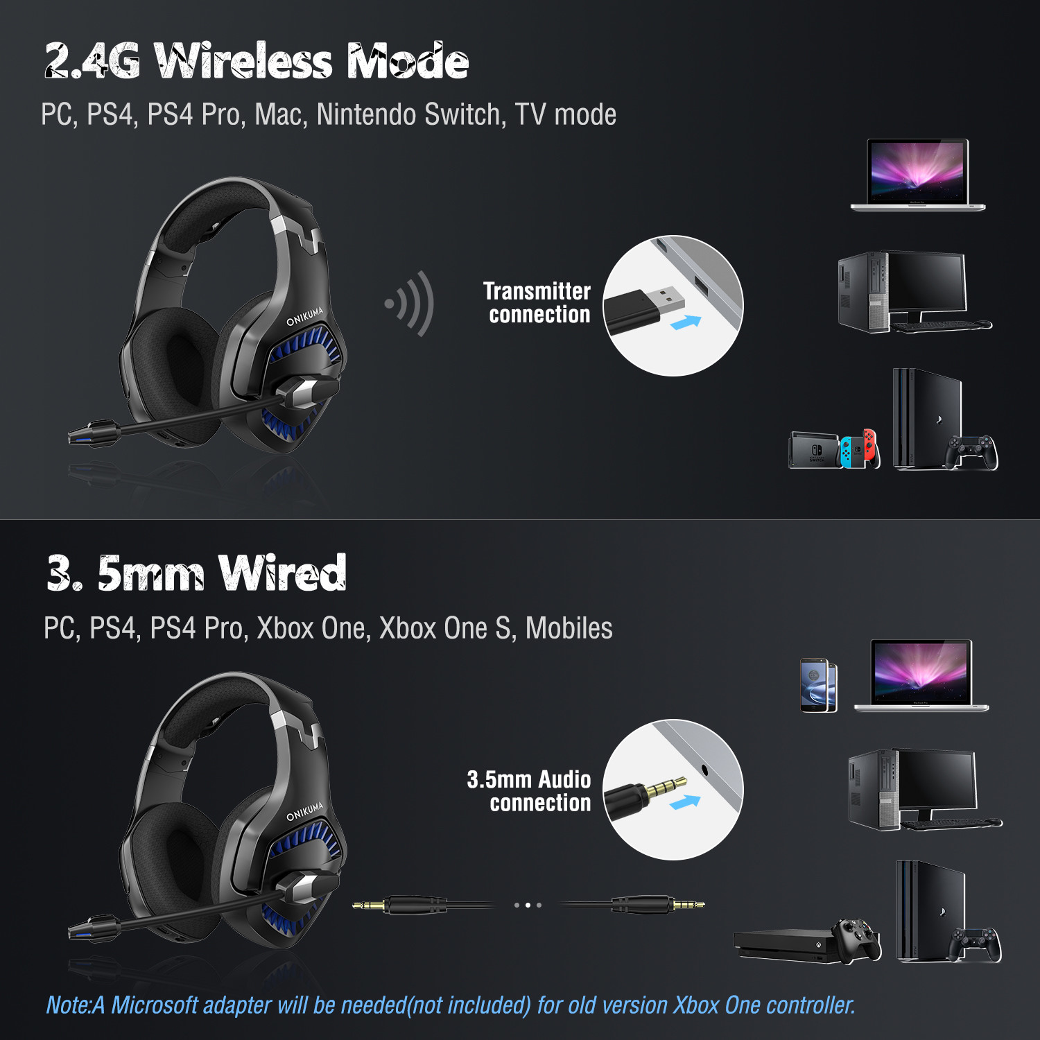 117dB 2.2kohm Onikuma K1pro 2.4G Gaming Headset