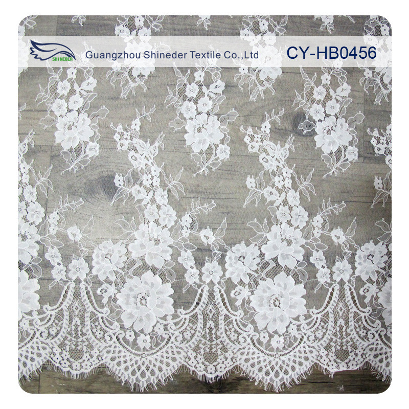 Ivory Nylon Floral Chantilly Embroideried Lace Fabric Custom Printed